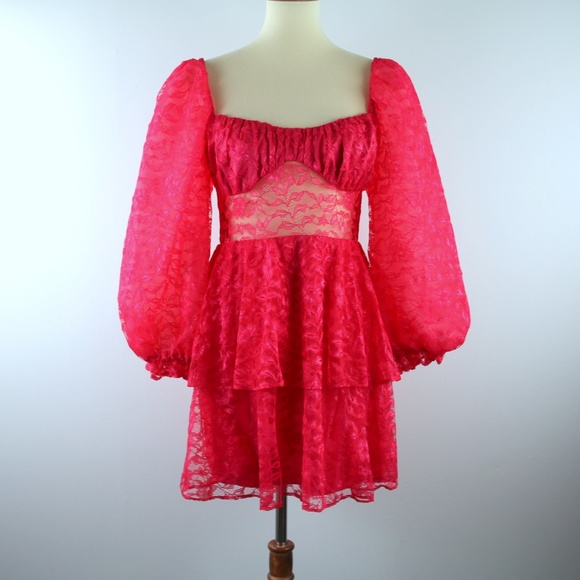 Majorelle Revolve Brielle Pink Floral Lace Puff Long Sleeve Mini Dress M NWT - Picture 2 of 8